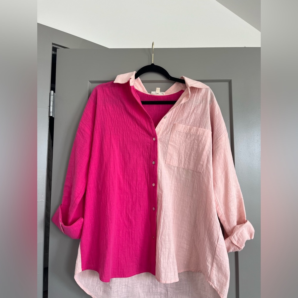 Pink Color Block Button Up